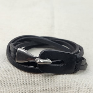 9x2mm Soft Pliable Black Flat Leather Wrap Bracelet with attached Hook Clasp- Qty 1 (LC22)