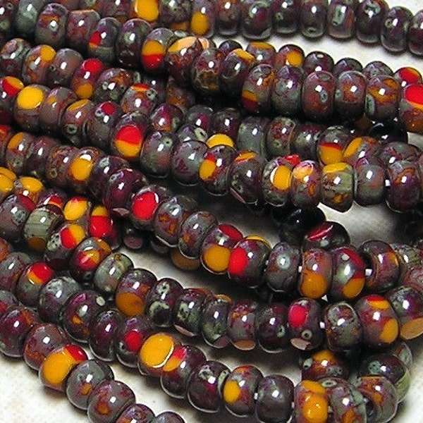 6/0 3 Cut Opaque 2 Tone Tangerine and Red Picasso Firepolished Czech Glass Seed Bead Strand