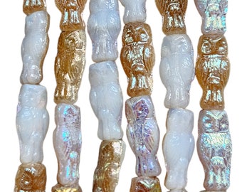 15x7mm White Opal Celsian Czech Glass Owl Beads - Qty 10 (HG04)