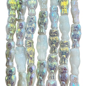 15x7mm White Opal Vitrail Czech Glass Owl Beads - Qty 10 (HG02)