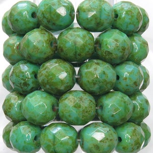 Cuentas grandes de vidrio checo Picasso, facetadas, de color turquesa verde opaco y pulido al fuego, de 10 mm - Cantidad: 10 (FP03)