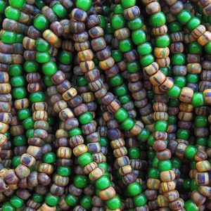 LIMITED STOCK - 6/0 Matte Aged Striped Picasso & Vibrant Green White Heart Czech Glass Seed Beads - 12 Strand Hank (BW67)