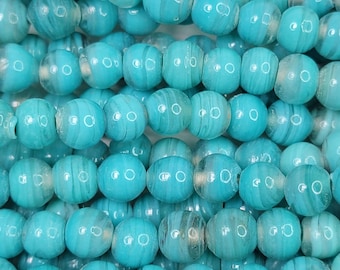 9mm 2 Tone Turquoise & Crystal Swiraled Round Lampwork Glass Beads - 15 Inch Strand (AW46)