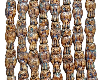 15x7mm Opaque Beige Heavy Picasso Czech Glass Owl Beads - Qty 10 (HG07)