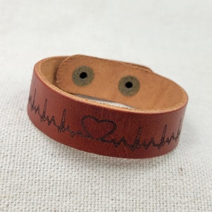 17mm Soft Pliable Light Brown Flat Heart Beat Leather Cuff Bracelet with attached Snap Closures - Qty 1 (LC18)