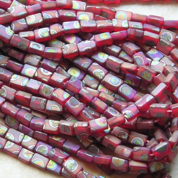 5x3mm Matte Ruby Vitrail Peacock Czech Glass Baby Pillow Bead Strand