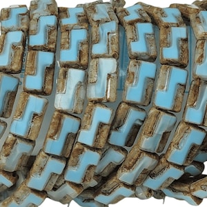 12x8mm Opaque Light Blue Picasso Table Cut Czech Glass 2 Hole Rectangle Beads - Qty 15 (MISC105)