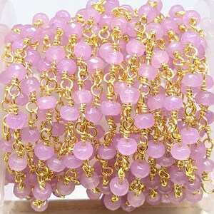 Mauve 4x3mm faceted Jade Gemstones on Handmade Brass Metal Chain - Sold by the Foot - (GG03)