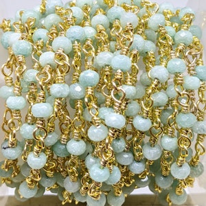 Seafoam Green 4x3mm faceted Jade Gemstones on Handmade Brass Metal Chain - Sold by the Foot - (GG06)