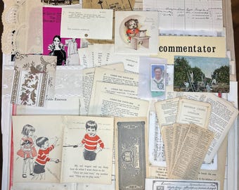 May include: A collage of vintage paper ephemera, including a page from a book titled "Under the Tonto Rim", a page with a musical score, a page with a handwritten note, a page with a drawing of a wagon, and a page with a drawing of a child. The collage is on a brown background.