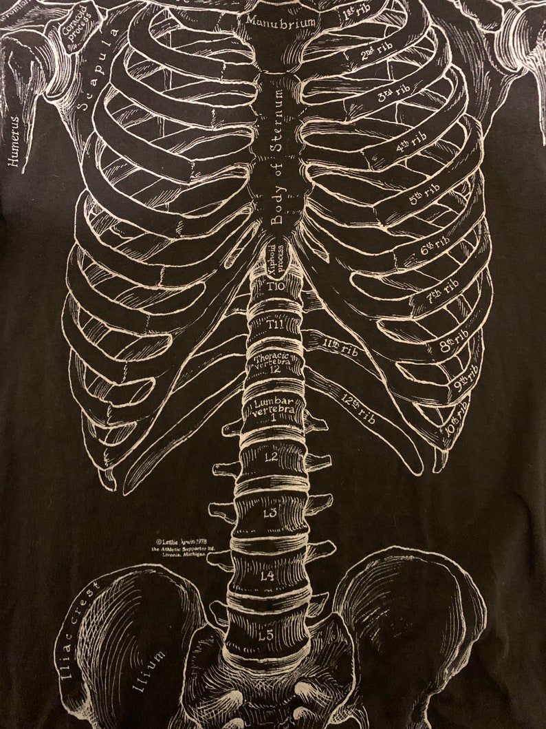 Vintage 70s Leslie Arwin double sided skeleton anatomy medical bones single stitch sneakers tee
