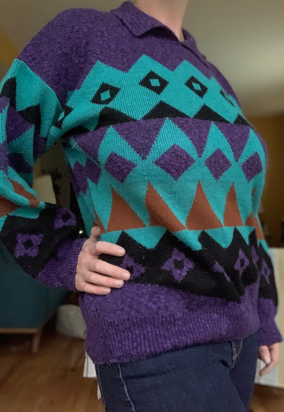 Vintage Bold Turquoise Southwestern Inspired Geometric Sweater Etsy