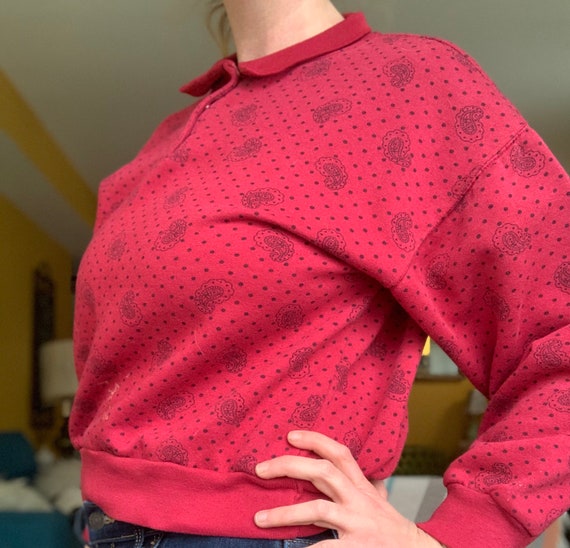 Vintage 80s 90s red paisley button up sweatshirt - image 4