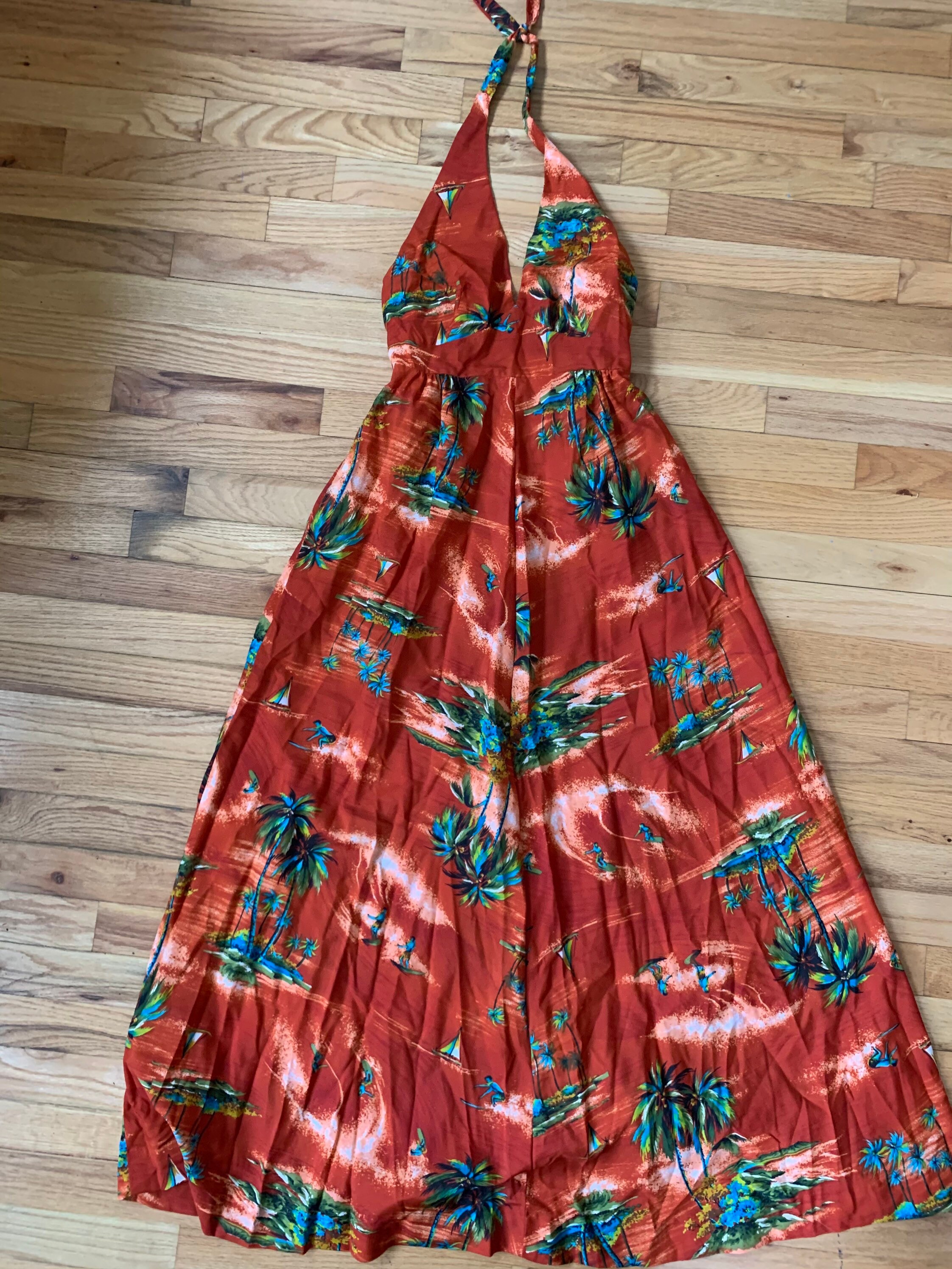 Vintage 70s Hawaiian Palm Tree Surfer Backless Halter Maxi Dress by ...
