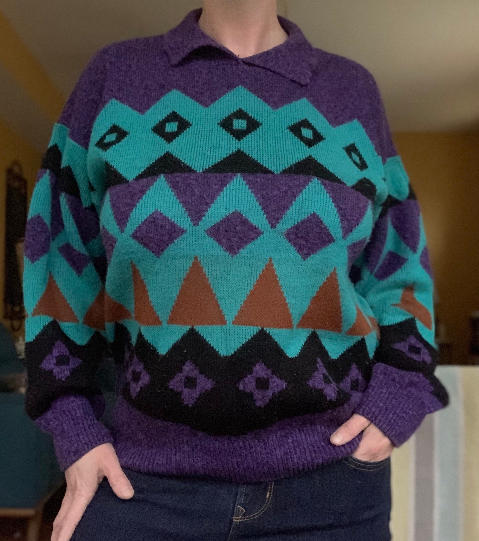 Vintage Bold Turquoise Southwestern Inspired Geometric Sweater Etsy