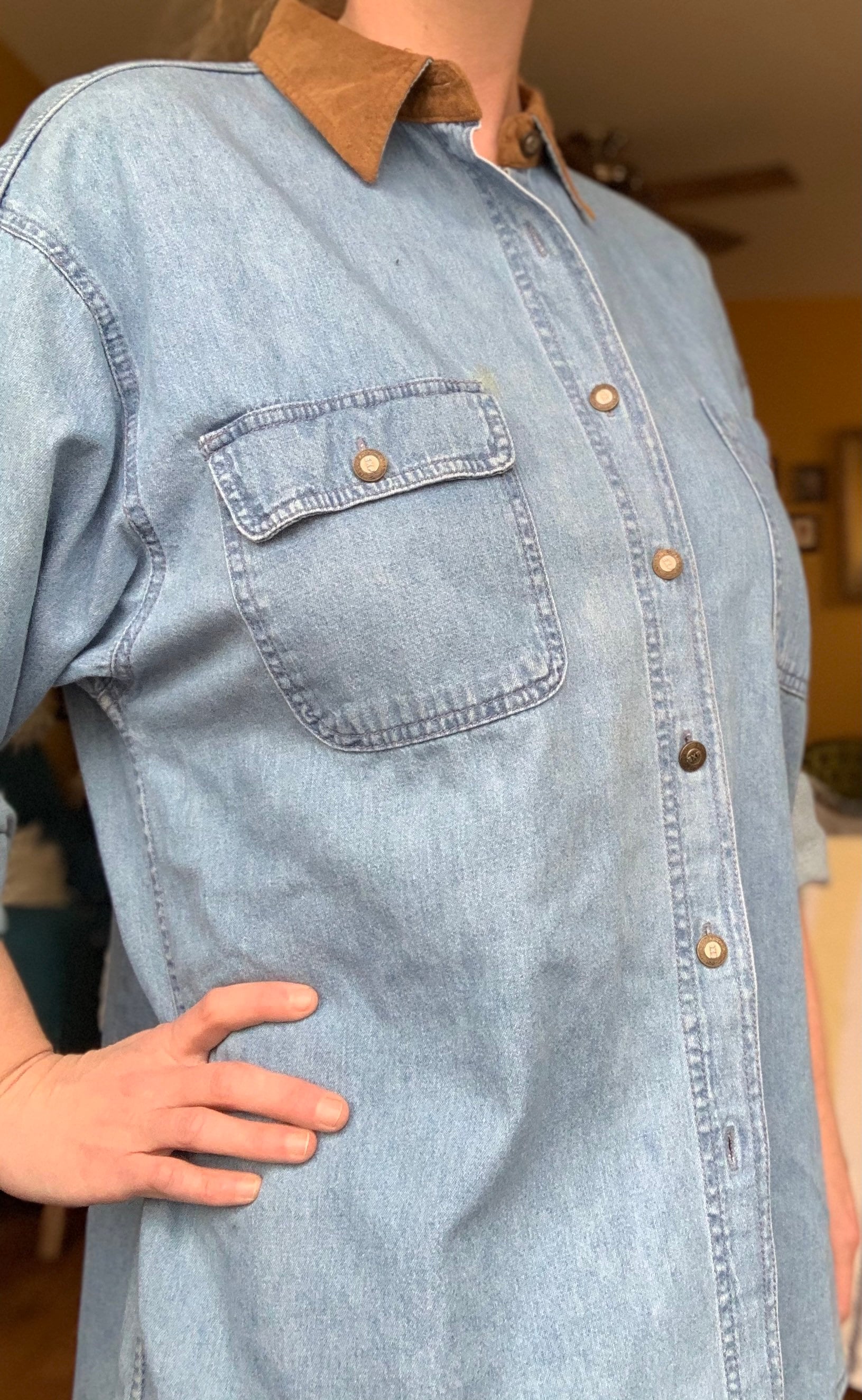 Vintage 80s 90s Denim and Suede Collared Button up Shirt by Vintage 80s 90s Denim and Suede Collared Button up Shirt by