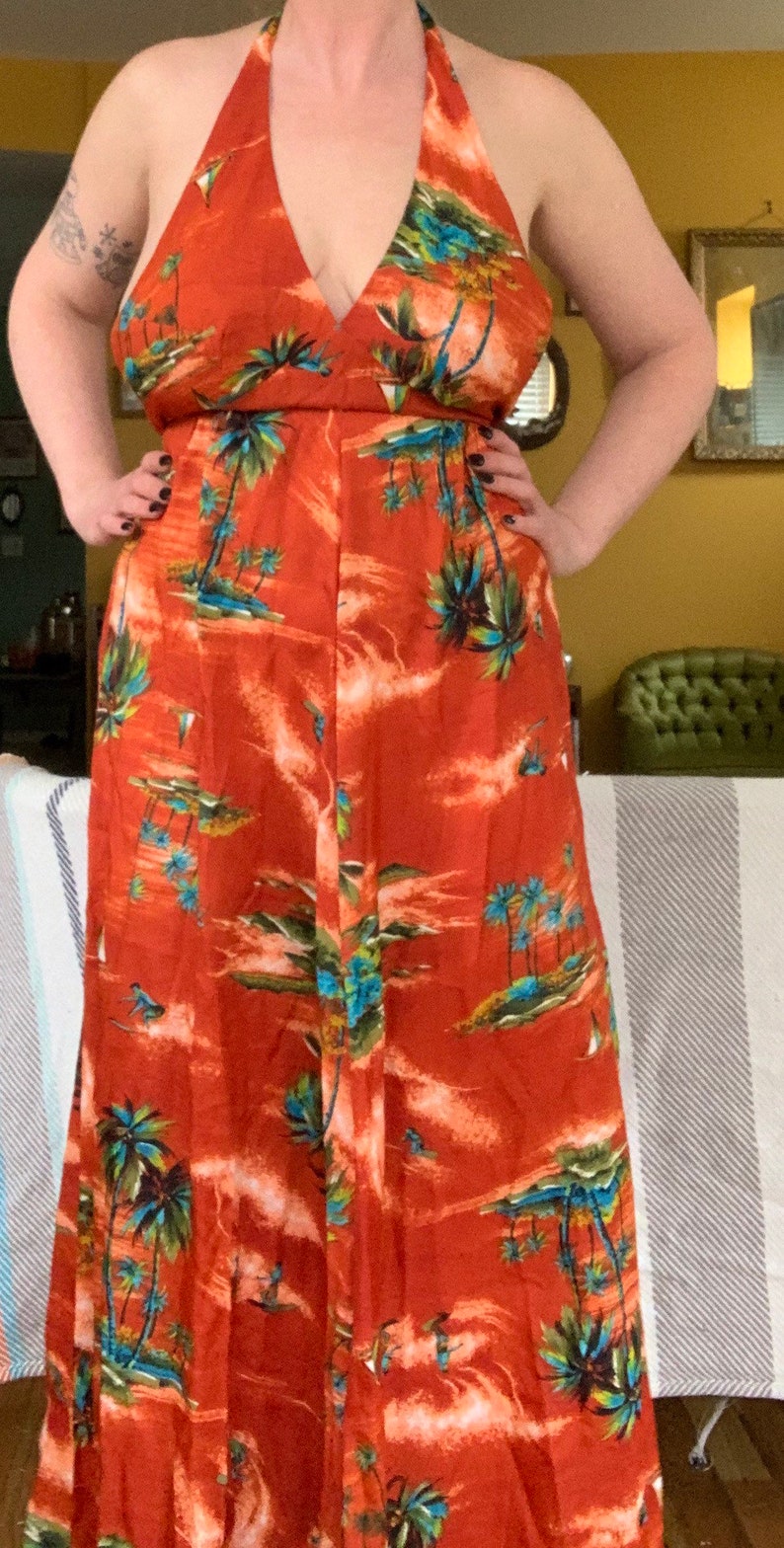 Vintage 70s Hawaiian Palm Tree Surfer Backless Halter Maxi Dress by ...