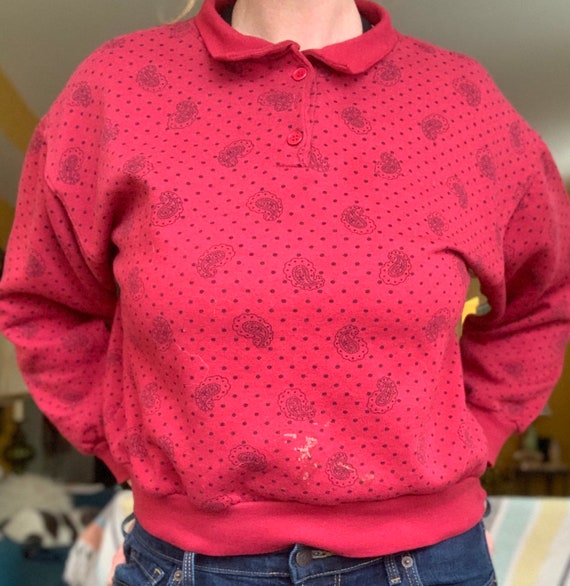 Vintage 80s 90s red paisley button up sweatshirt - image 1