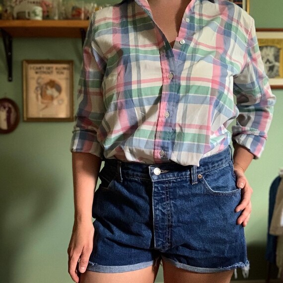 Vintage 80s preppy plaid pastel button up shirt b… - image 3