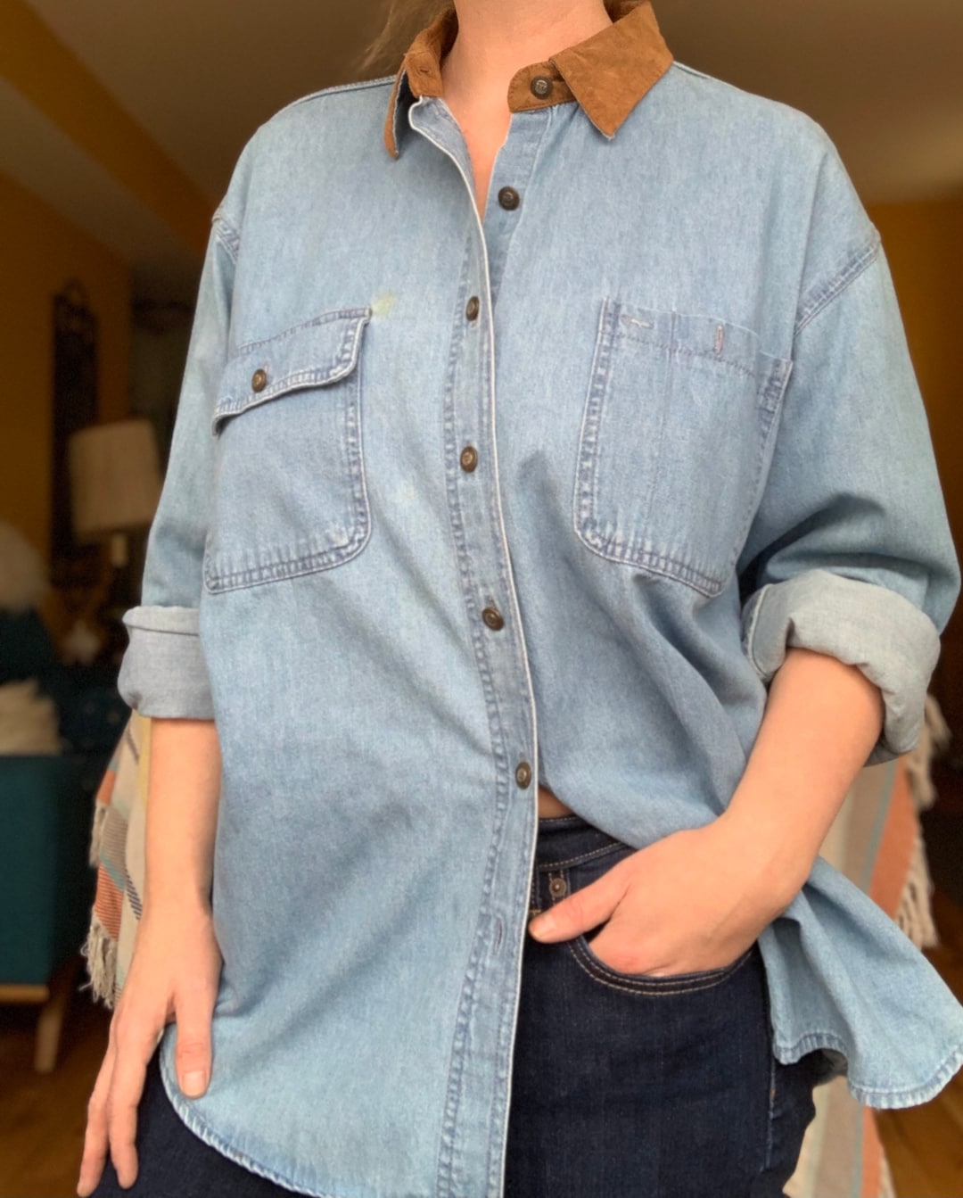 Vintage 80s 90s Denim and Suede Collared Button up Shirt by Vintage 80s 90s Denim and Suede Collared Button up Shirt by