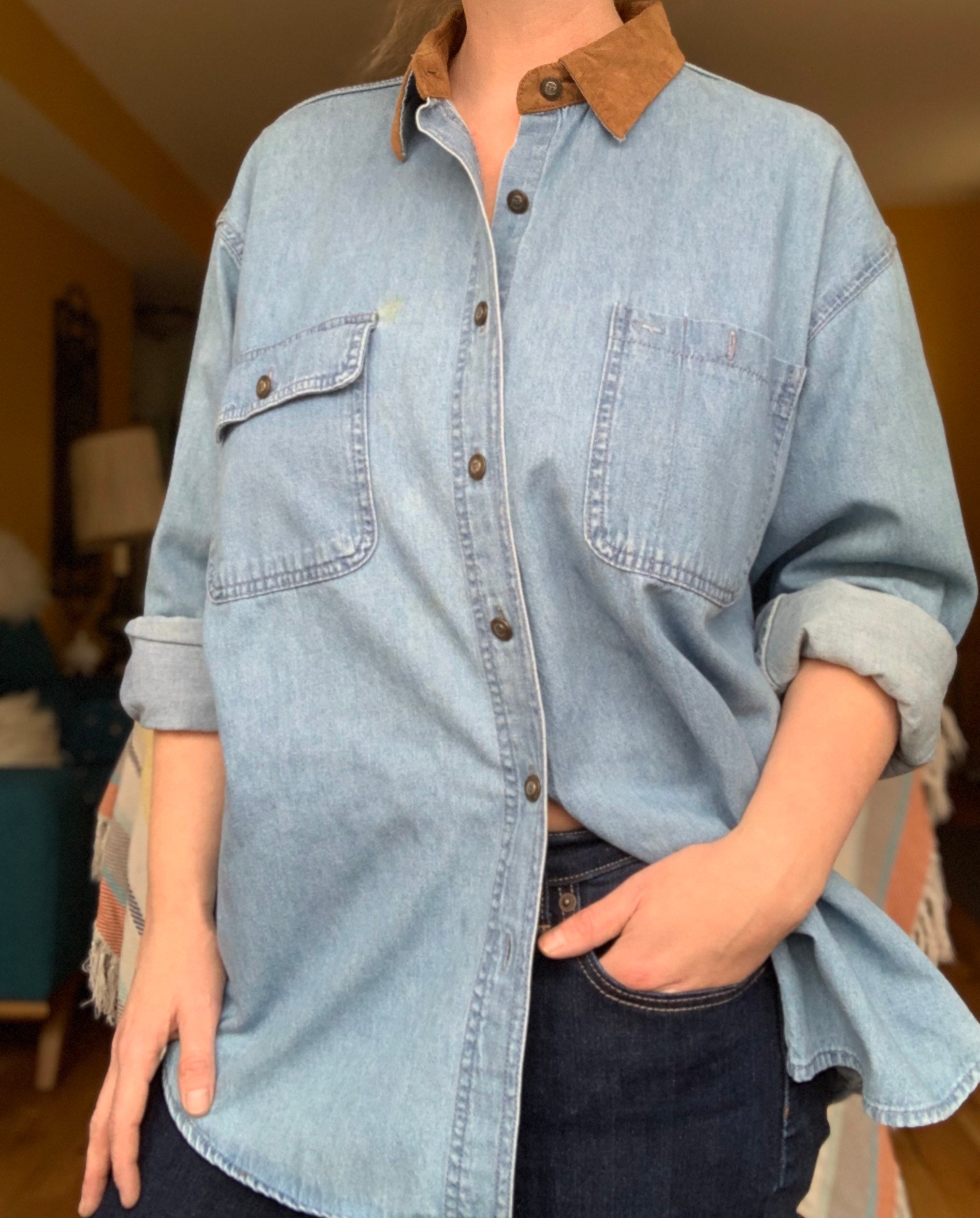 Vintage 80s 90s Denim and Suede Collared Button up Shirt by Vintage 80s 90s Denim and Suede Collared Button up Shirt by
