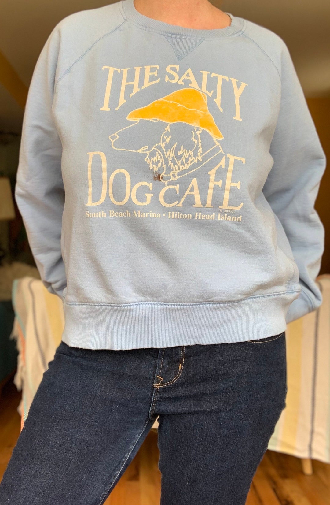 Vintage 80s Baby Blue Salty Dog Cafe Hilton Head Island on Champion Sweatshirt Etsy Ireland