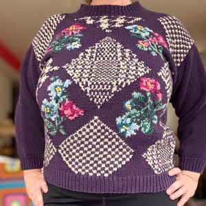 Vintage 80s 90s purple hand knit floral leaf argyle checkered crewneck pullover sweater by Northern Isles