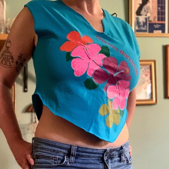 Vintage 80s tropical hibiscus flower Bahamas blue… - image 1