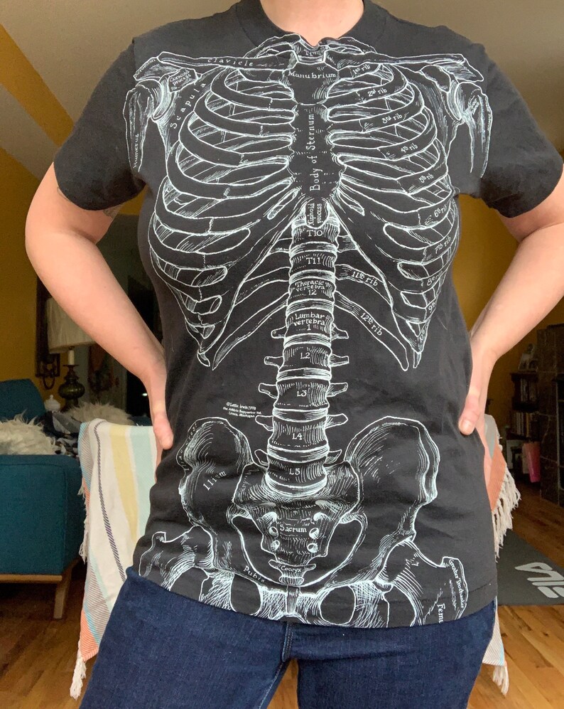 Vintage 70s Leslie Arwin double sided skeleton anatomy medical bones single stitch sneakers tee