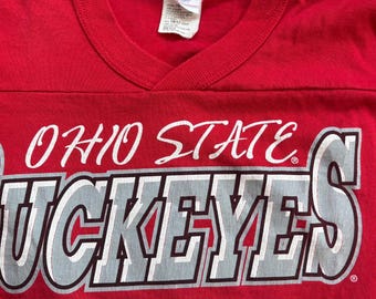 80s vintage Ohio State Buckeyes red and white v neck single stitch tee