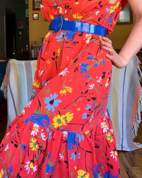 Vintage 70s bright colorful floral ruffle dress w… - image 6