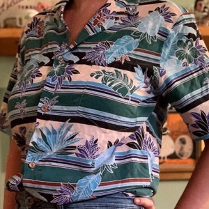 Vintage 80s tropical Hawaiian striped shirt made in Honolulu.