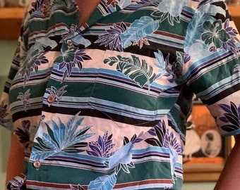 Vintage 80s tropical Hawaiian striped shirt made in Honolulu.
