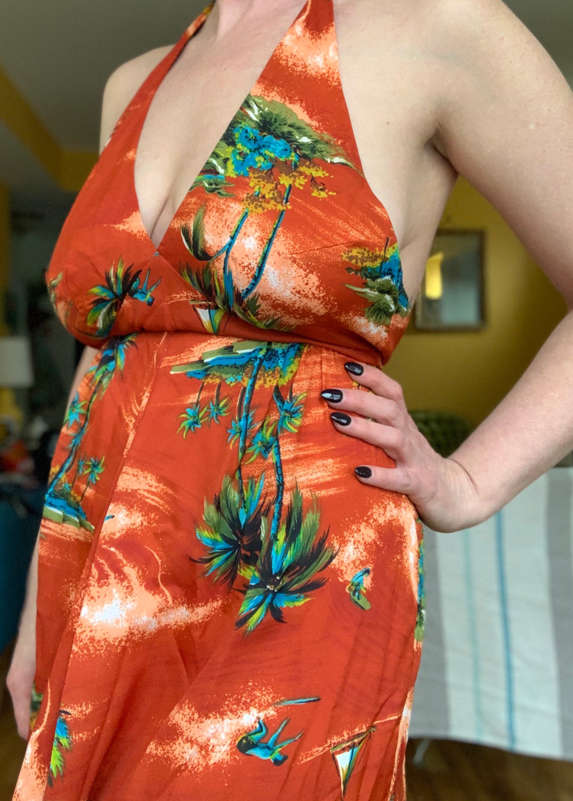 Vintage 70s Hawaiian Palm Tree Surfer Backless Halter Maxi Dress by ...