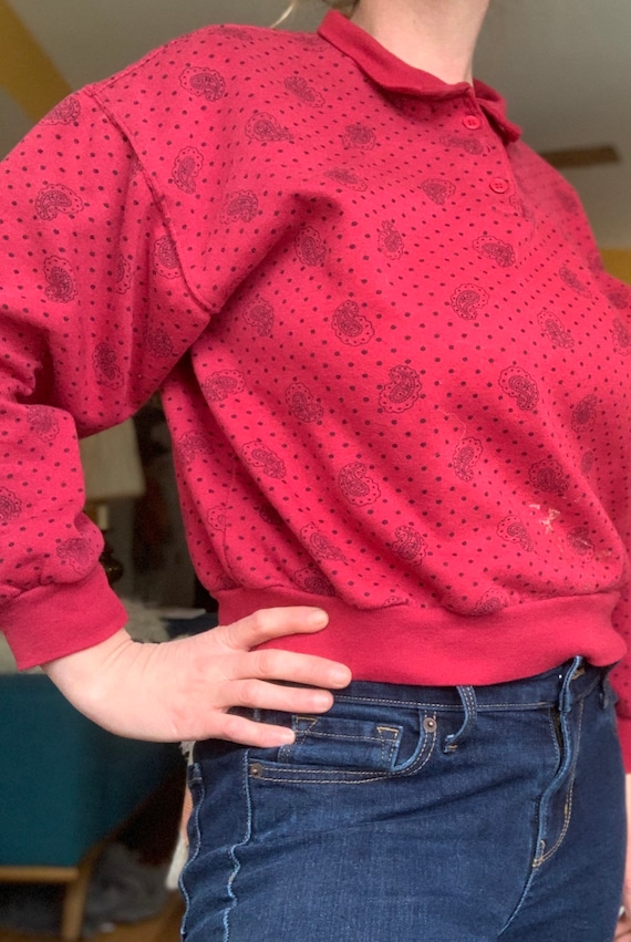 Vintage 80s 90s red paisley button up sweatshirt - image 6