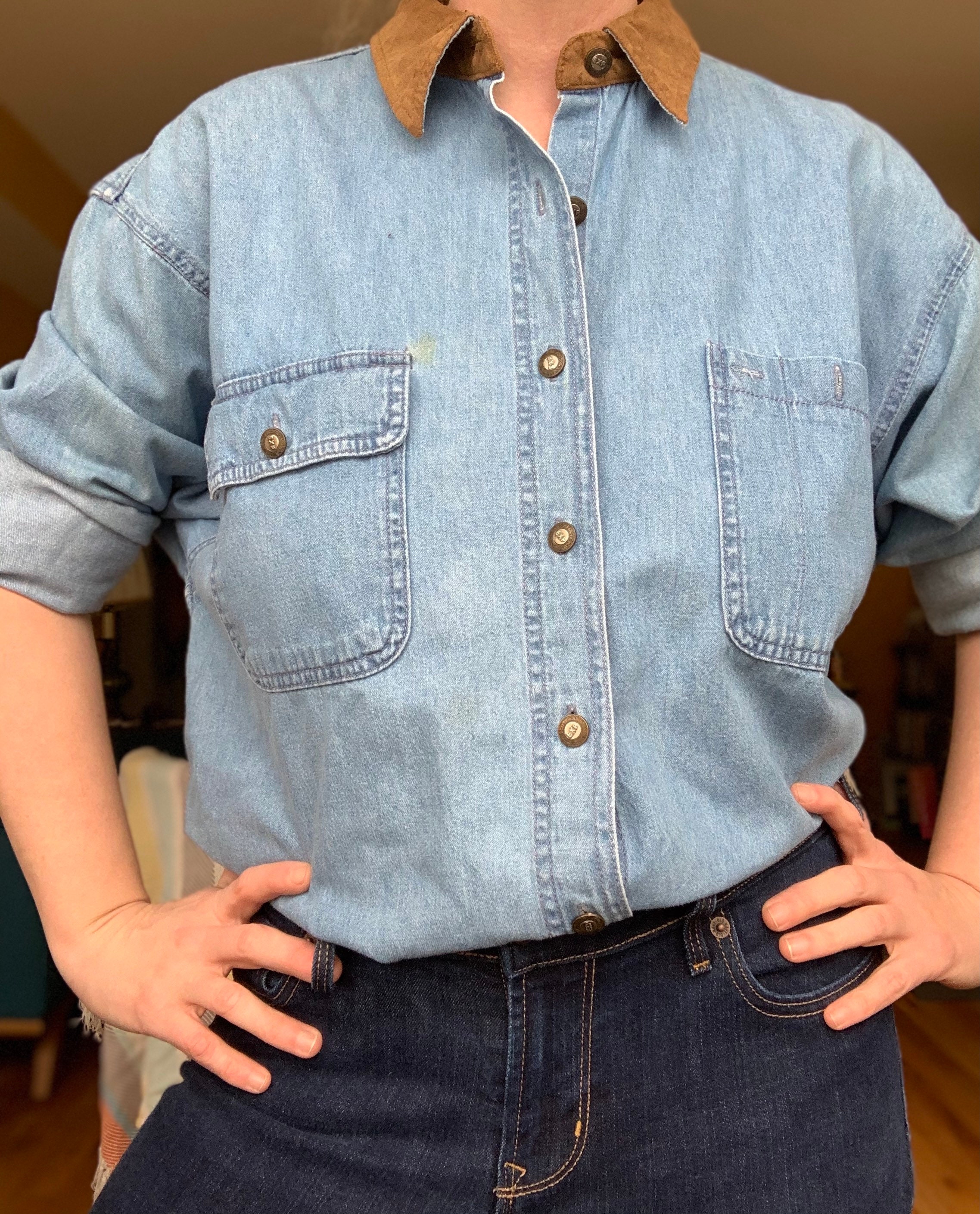 Vintage 80s 90s Denim and Suede Collared Button up Shirt by