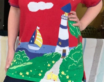 Vintage 90s knit lighthouse sailboat duck sweater by The Quacker Factory