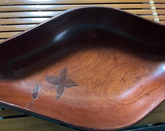 Vintage MCM solid mahogany bowl with flower inlay etching