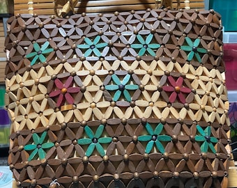 Vintage bamboo beaded purse with bamboo handles