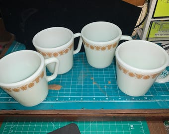 Set of 4 vintage milk glass Pyrex coffee mugs D-Handle-Butterfly Gold