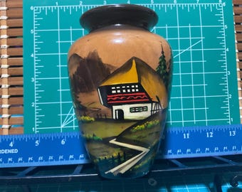 Vintage Wooden vase hand painted Germany Alpine mountain