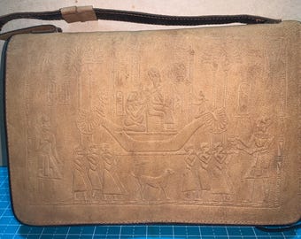 Vintage camel brown leather clutch purse with Egyptian embossed scene