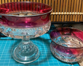 Vintage King’s Crown Ruby Flash thumbprint pattern berry dish and candy compote (2 pieces)