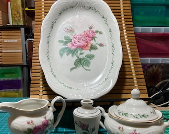 Vintage Gibson Rose China: Platter, Creamer, Sugar Bowl & Vase - 5 Piece Set