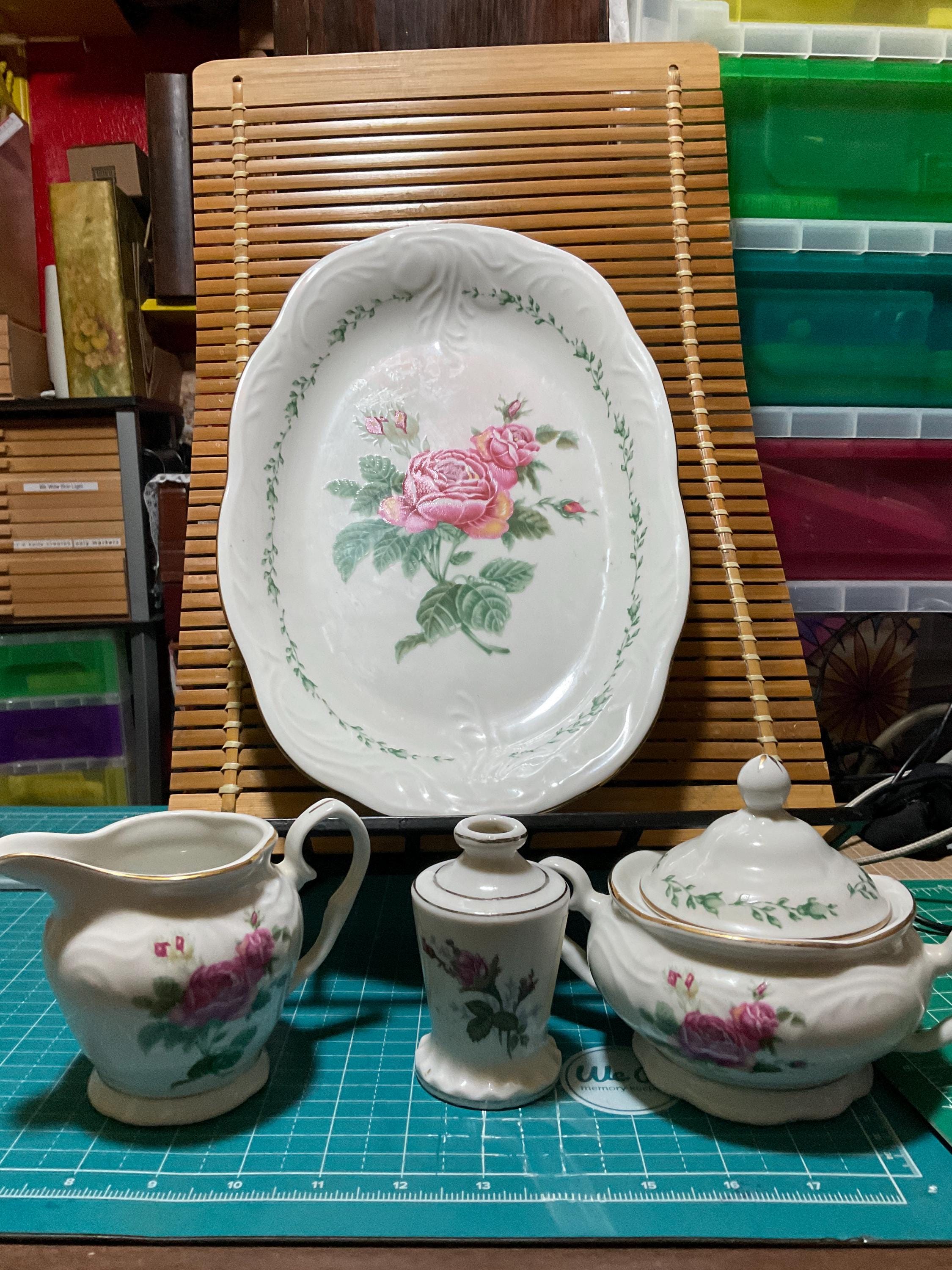 Vintage Gibson Rose China: Platter, Creamer, Sugar Bowl Vase