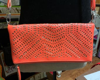 Stella and Dot fold-over crossbody laser cut out orange leatherette