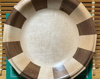 Walnut and maple wooden dish with scalloped edges