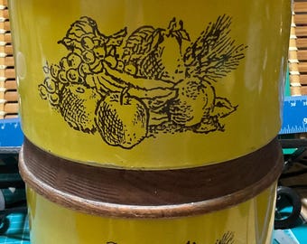 Cheinco vintage yellow tin canisters brown top with fruit motif SET OF 2