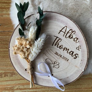 Portafedi, cuscino portafedi personalizzato, legno e fiori secchi. Cerimonia nuziale, portafedi per marito e moglie, sposa boho