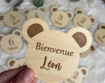 Set of milestone and welcome cards for wooden teddy bears, baby birth gift with personalized first name